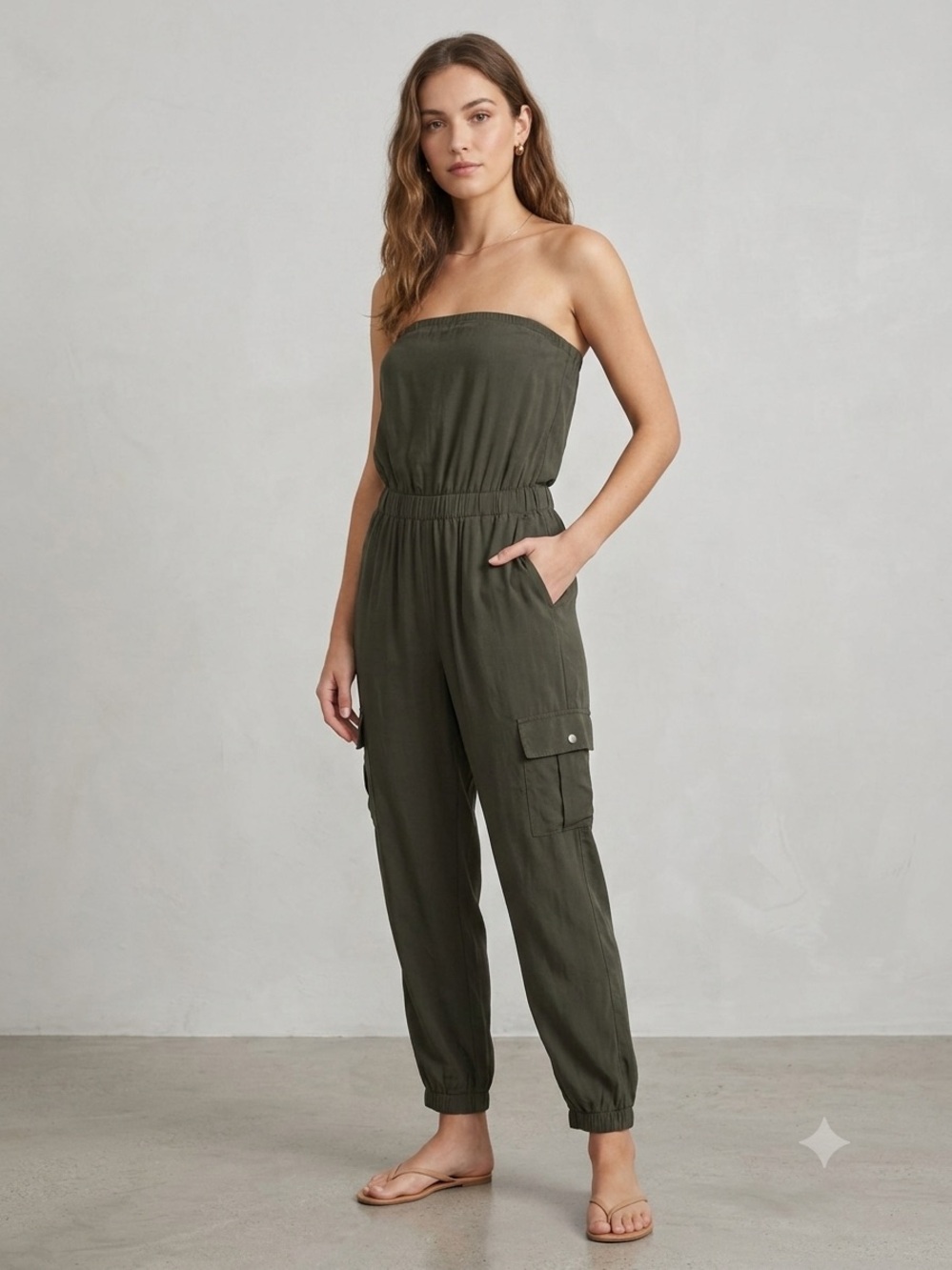 Mimi Chica Olive Green Strapless Cargo Jumpsuit, Women’s Size Medium